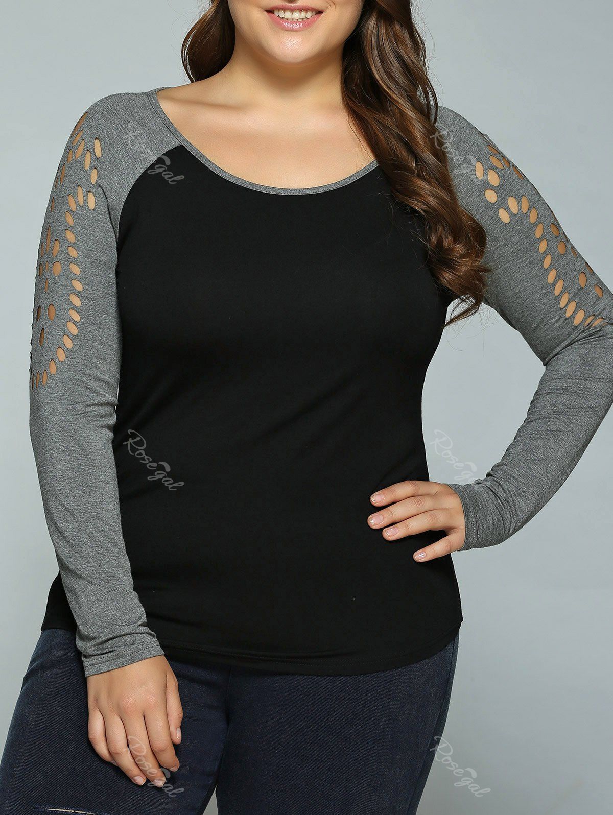 Black Grey 5xl Plus Size Hollow Out Raglan Sleeve T Shirt