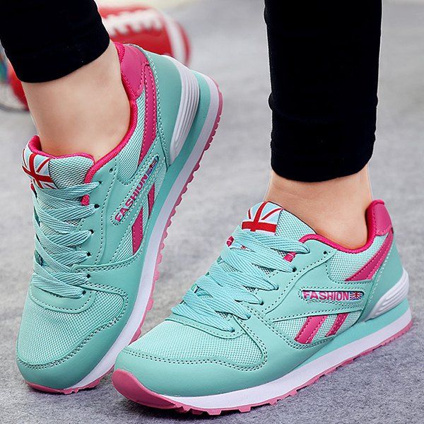 

PU Spliced Mesh Lace-Up Sneakers, Mint green