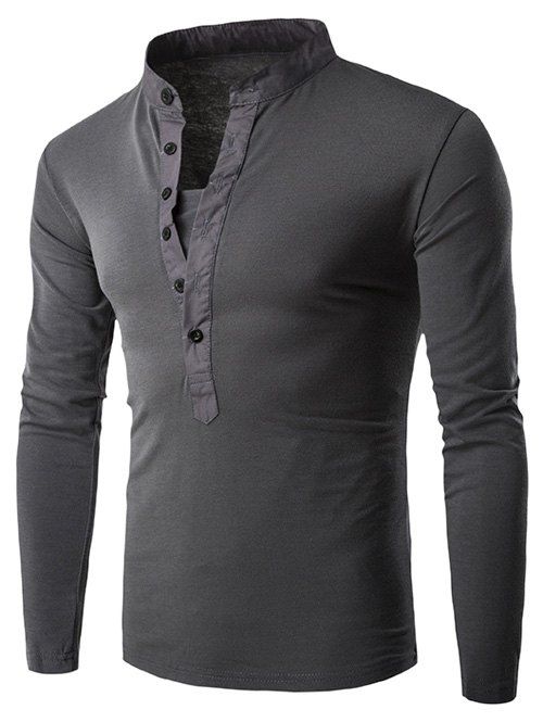 

Long Sleeve Grandad Collar Button T Shirt, Deep gray