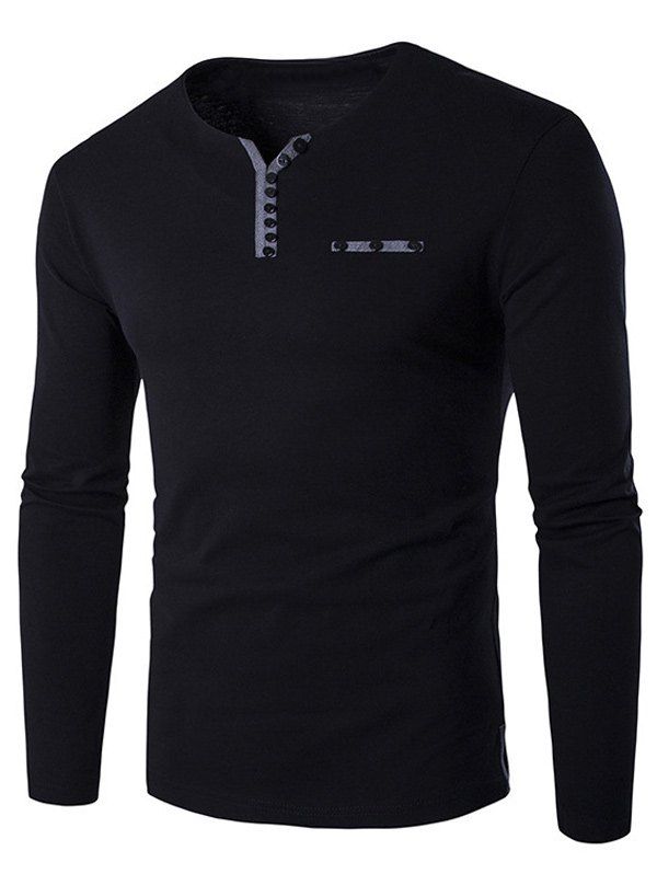 

Notch Neck Button Embellished Long Sleeve T-Shirt, Black