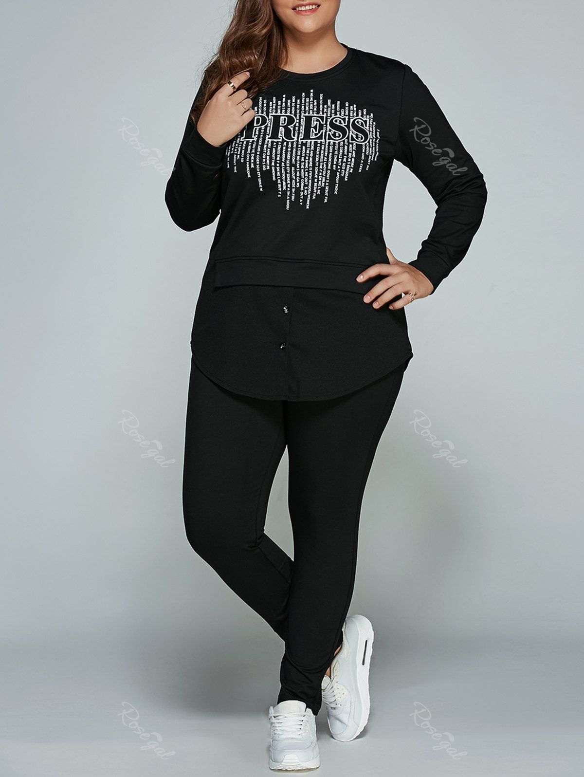 

Letter Print Slit T-Shirt and Pants Plus Size Set, Black