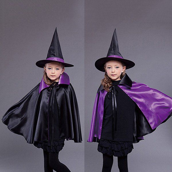 

Halloween Kids Cosplay Witch Cloak Hat Costume Set, Black and purple