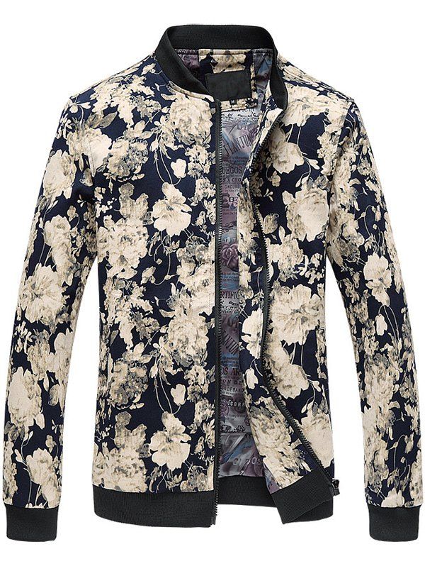 [61% OFF] 3D Flower Pattern Plus Size Zipper Stand Collar Jacket | Rosegal