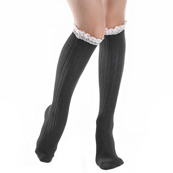 

Knit Ribbed Stockings with Lace Trim, Black