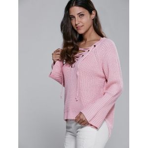 V Neck Long Sleeve Lace Up Sweater - PINK ONE SIZE