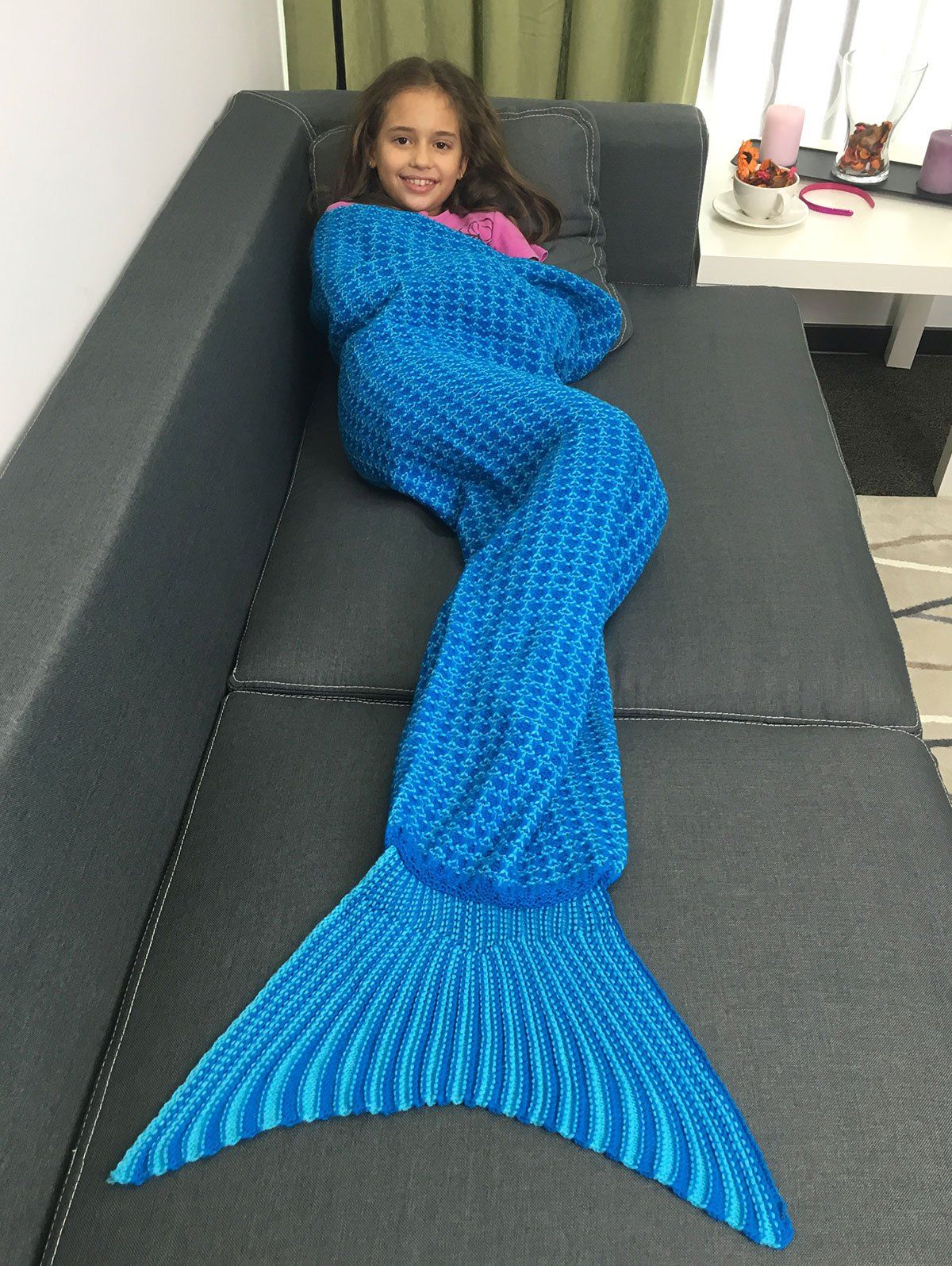 Store Warmth Geometric Design Knitted Kid's Mermaid Tail Blanket  