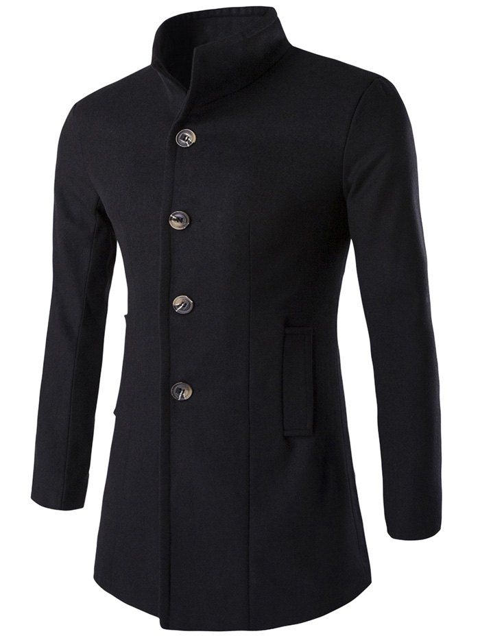 

Slim-Fit Stand Collar Wool Blend Coat, Black
