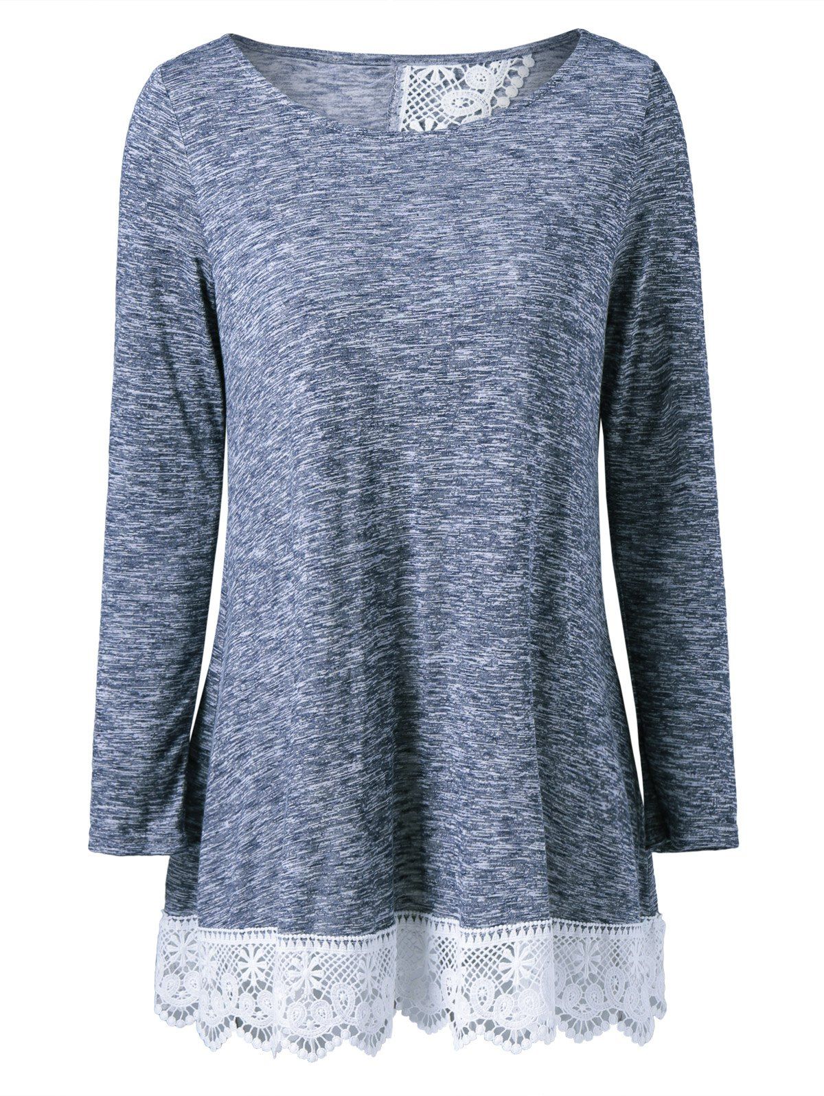 

Back Slit Lace Trim Blouse, Blue gray