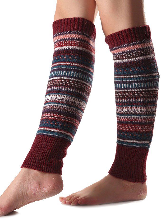 

Warm Ethnic Multicolor Stripe Knit Leg Warmers, Wine red