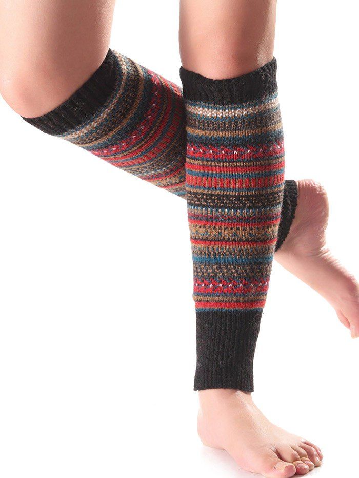 

Warm Ethnic Multicolor Stripe Knit Leg Warmers, Black