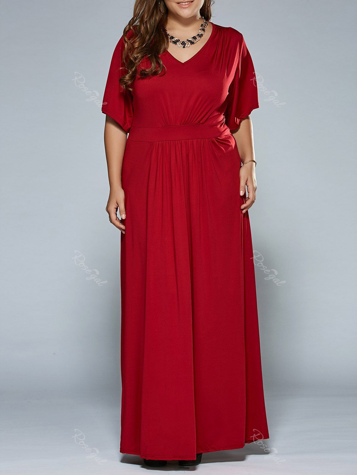 

Ruched V Neck Maxi Prom Dress, Wine red