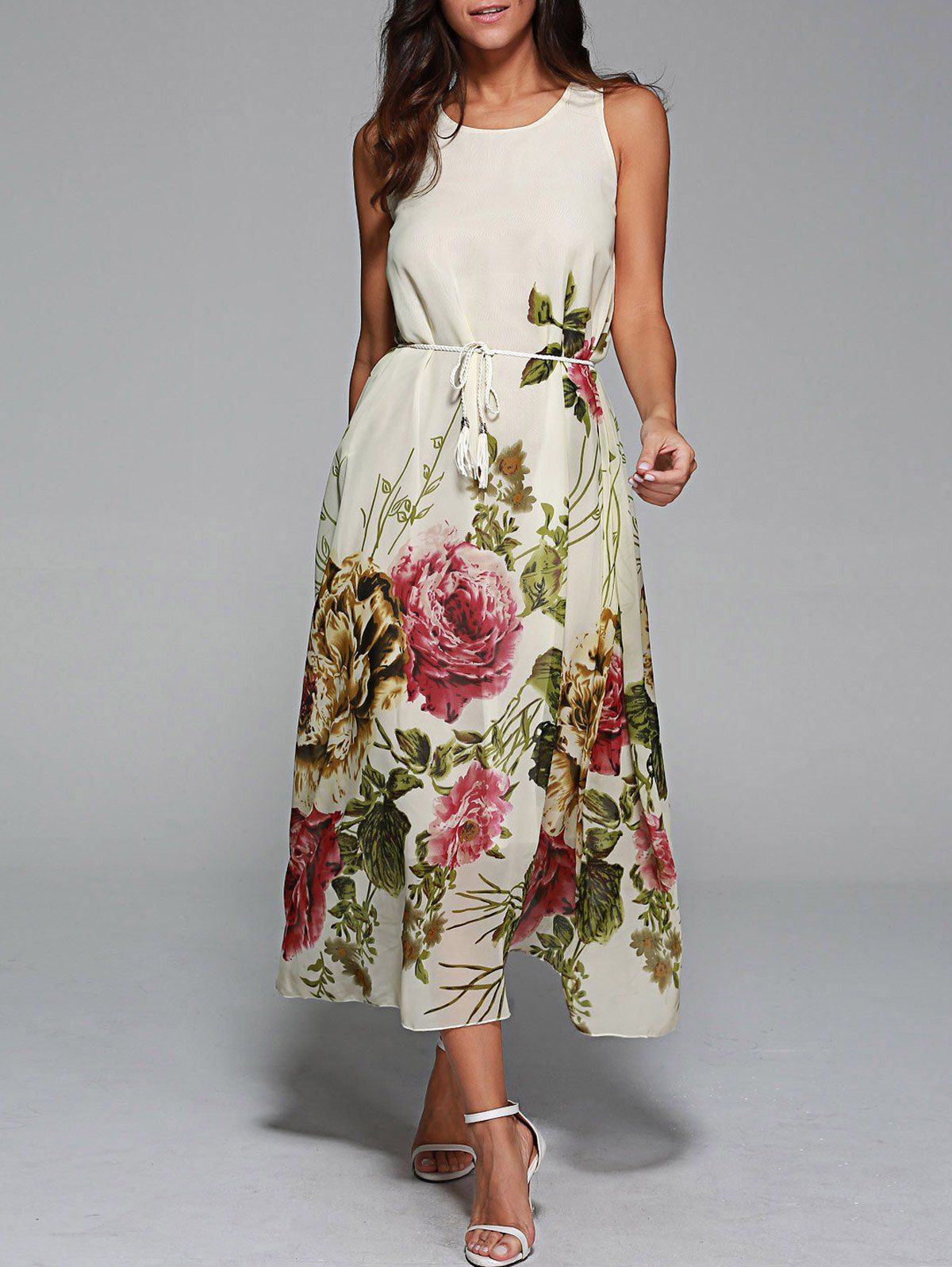 [53% OFF] Flower Print A Line Maxi Summer Dress | Rosegal