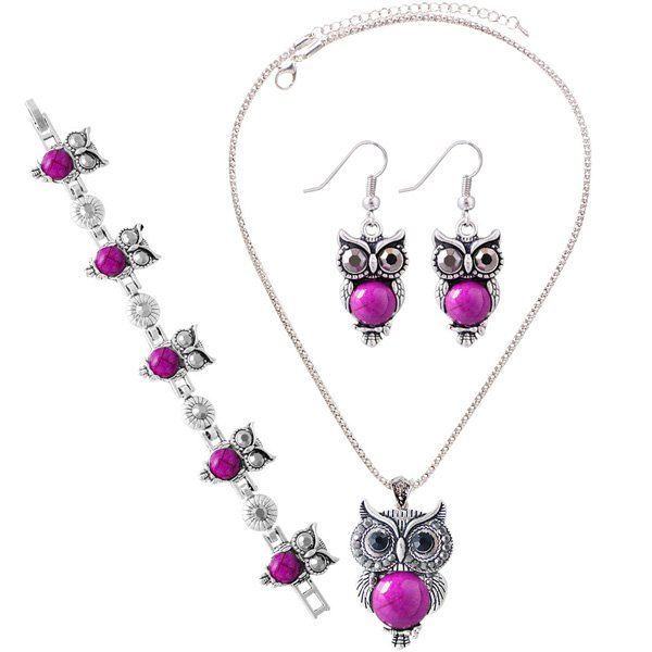 

A Suit of Faux Gem Owl Jewlry Set, Rose red