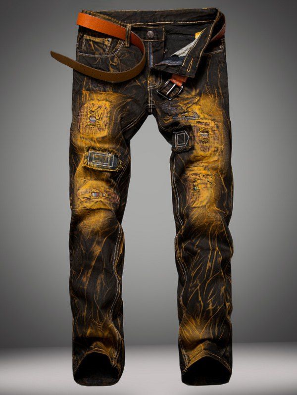 

Holes Design Patched Dye Straight Leg Denim Pants, Colormix