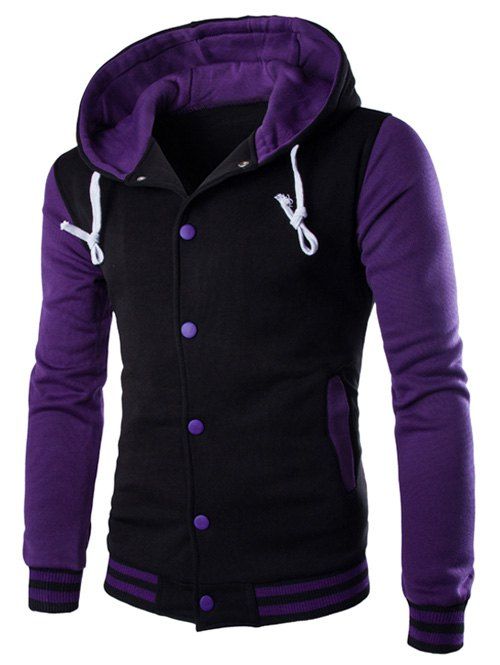 

Hooded Stripe Rib Splicing Single-Breasted Drawstring Purple Hoodie