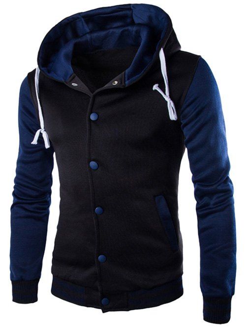 

Hooded Stripe Rib Splicing Single-Breasted Drawstring Hoodie, Cadetblue