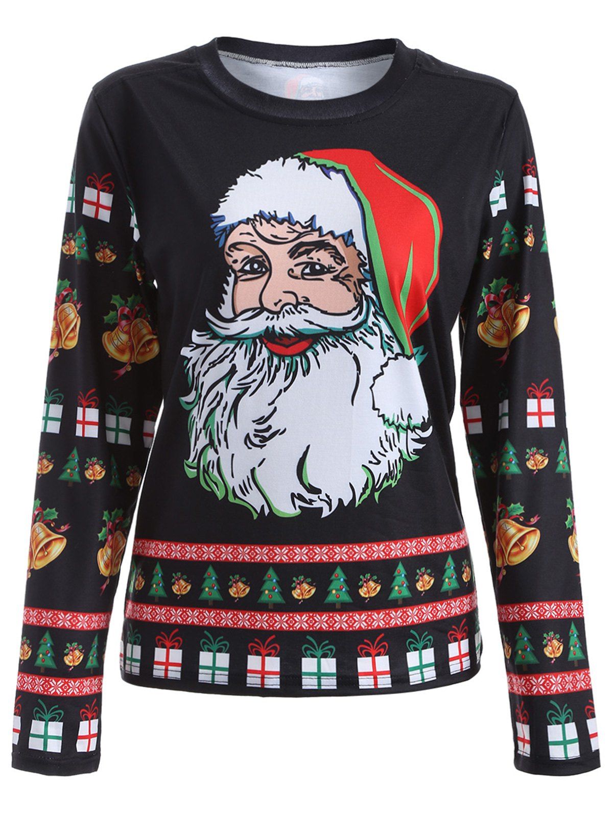 

Cute Long Sleeve 3D Santa Claus Print Christmas T-Shirt, Black