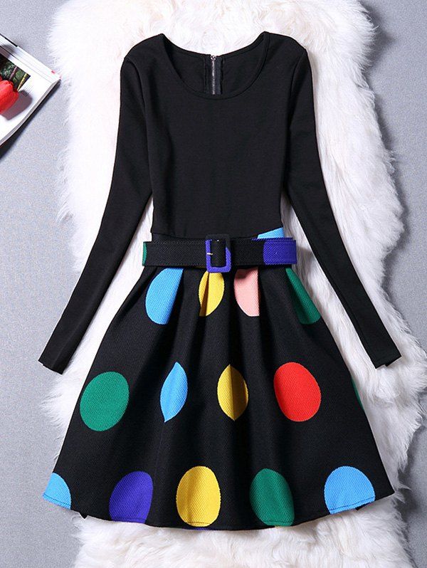 

Colorful Polka Dot Long Sleeve Dress, Black
