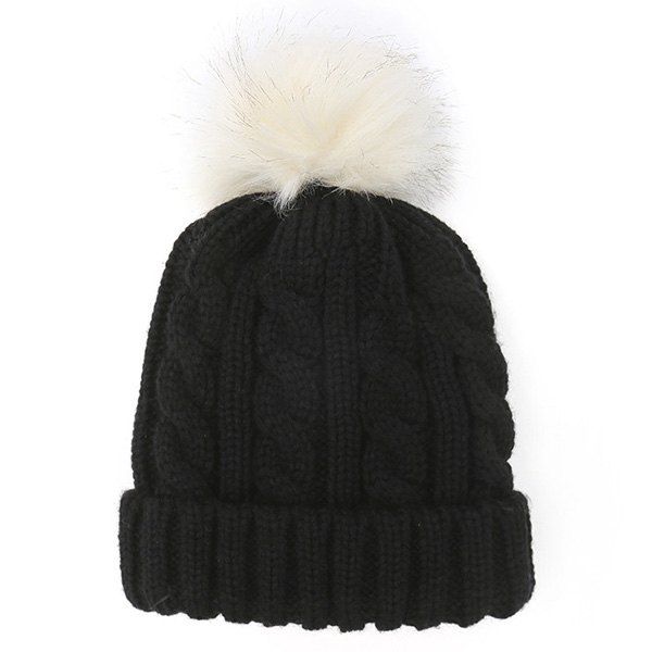 

Winter Casual Fuzzy Ball Hemp Flowers Crochet Thicken Double-Deck Knit Beanie, Black