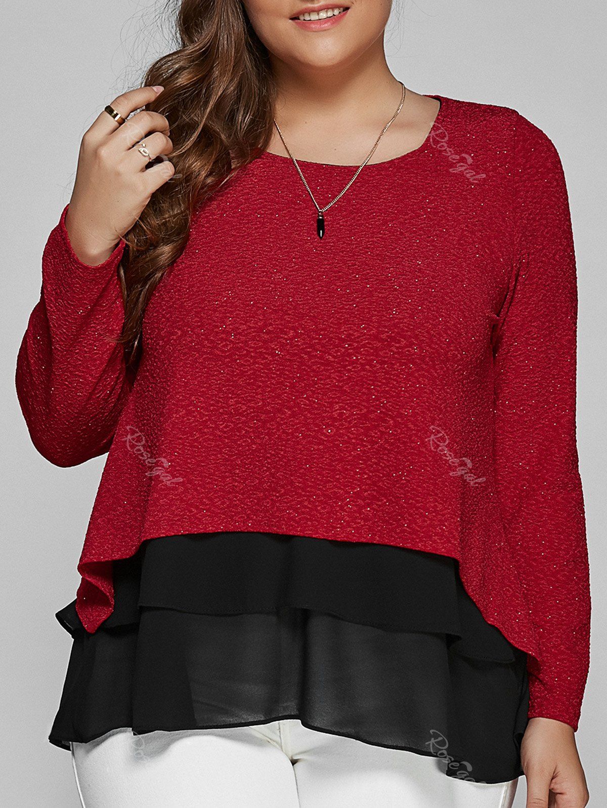 

Plus Size Long Sleeve Chiffon Spliced Blouse, Deep red