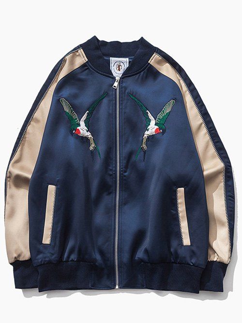 

Raglan Sleeve Bird Embroidered Souvenir Jacket, Deep blue