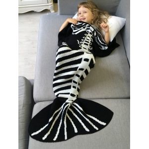 

Super Soft Knitted Fishbone Kids Wrap Halloween Mermaid Blanket and Throws, White/black