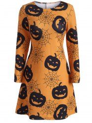 Halloween Pumpkin Lantern Print Swing Dress - ORANGE YELLOW XL