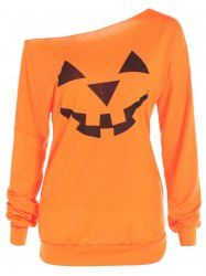 One Shoulder Pumpkin Print Halloween Sweatshirt - YELLOW ORANGE XL