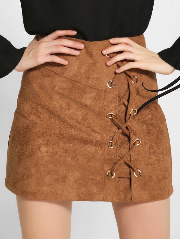 

Lace-Up Faux Suede A-Line Skirt, Khaki