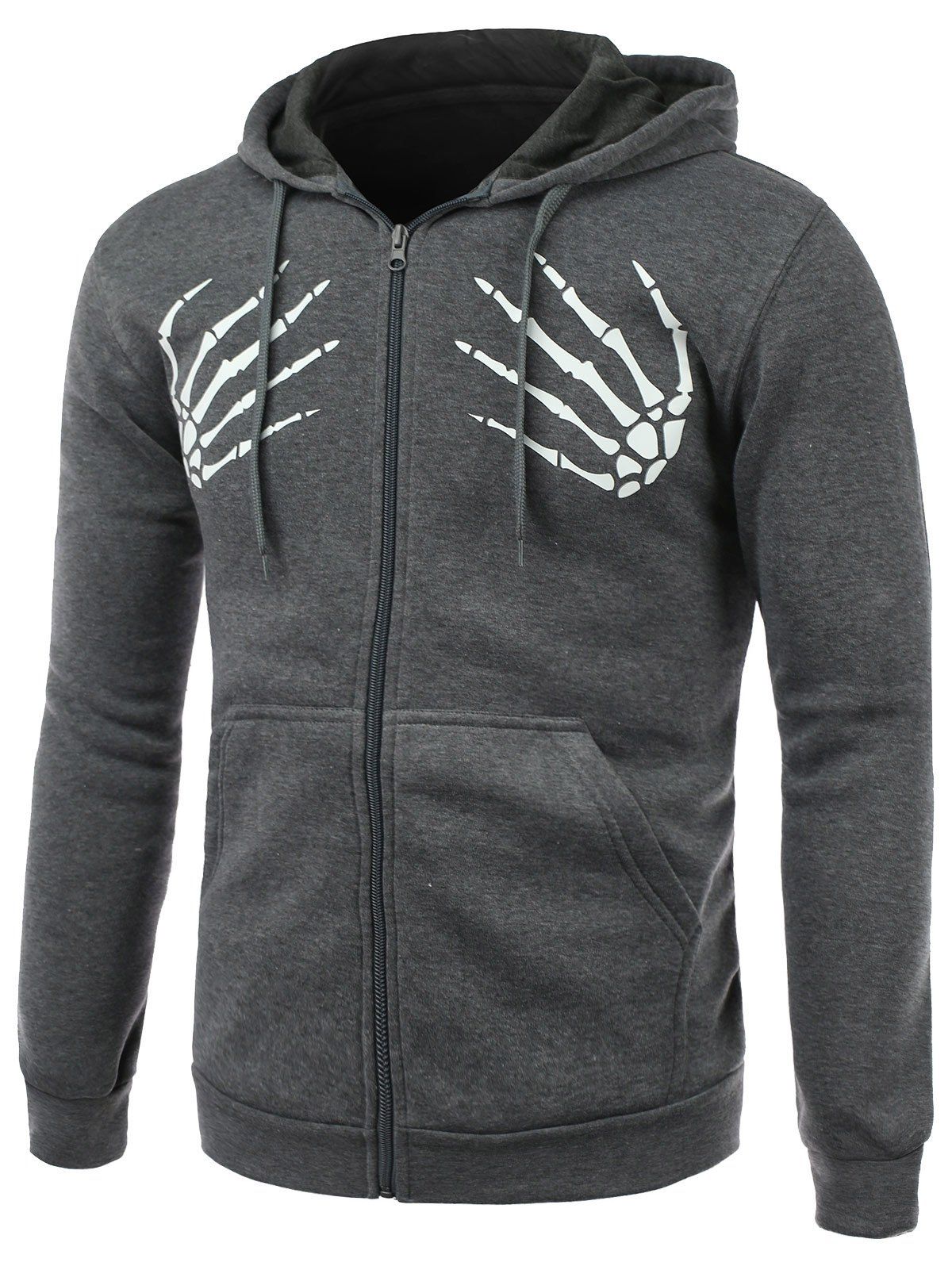 2019 skull hands print long sleeve fleece zip up hoodie