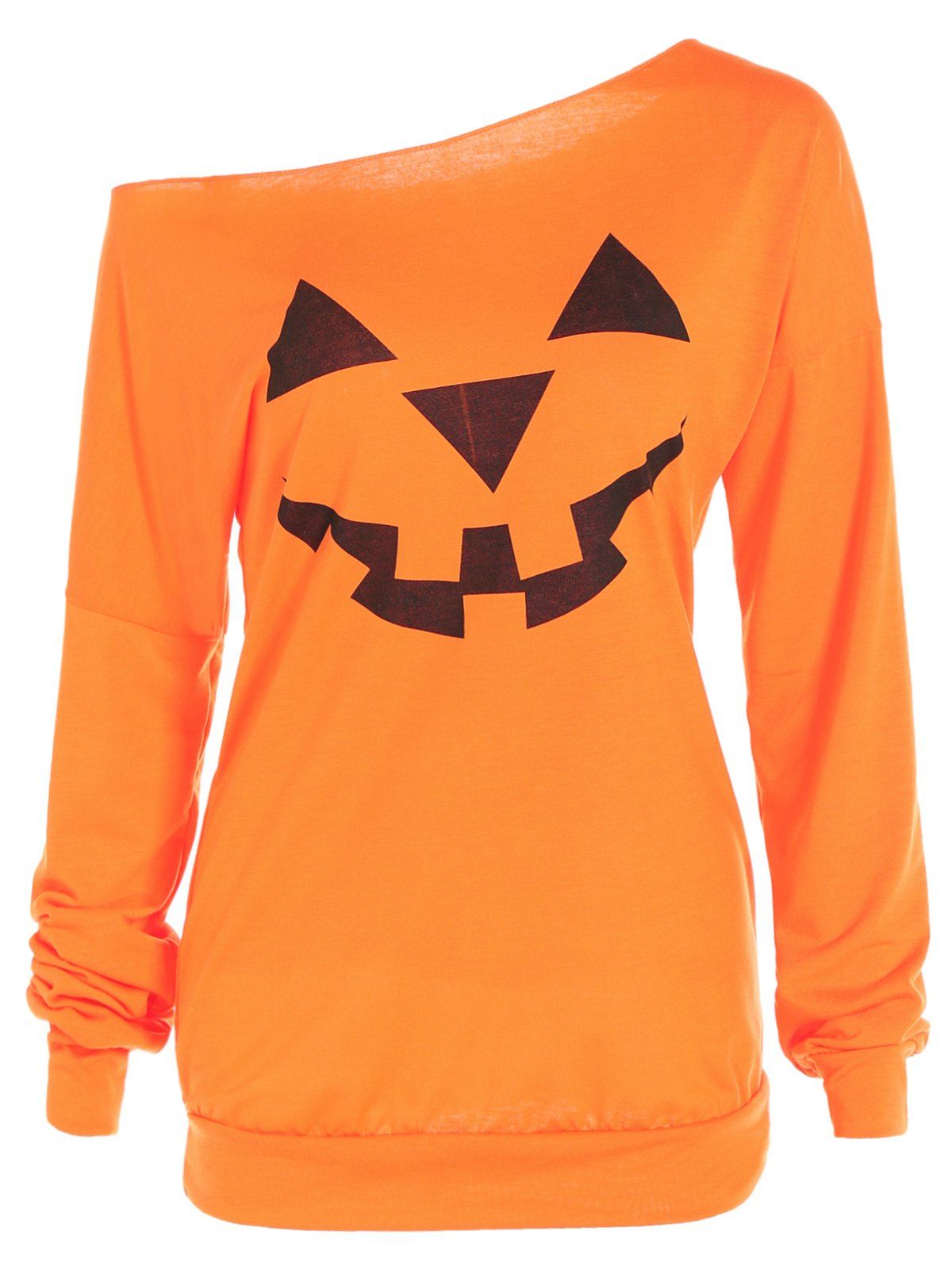 

One Shoulder Pumpkin Print Halloween Sweatshirt, Yellow orange