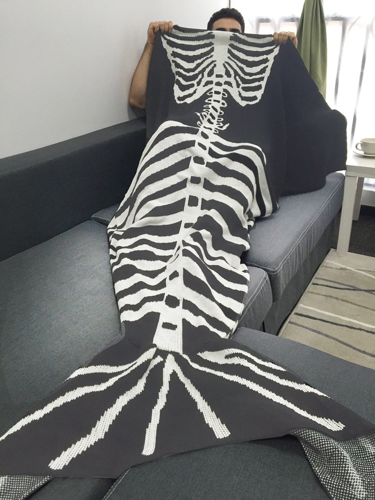 

Good Quality Fish Skeleton Wrap Men Halloween Mermaid Blanket, Grey and white