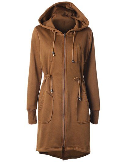 

Drawstring Back Zipped Hooded Coat, Khaki