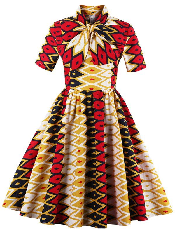 

Bowknot Geometric Print Swing Vintage Dress, Yellow and red