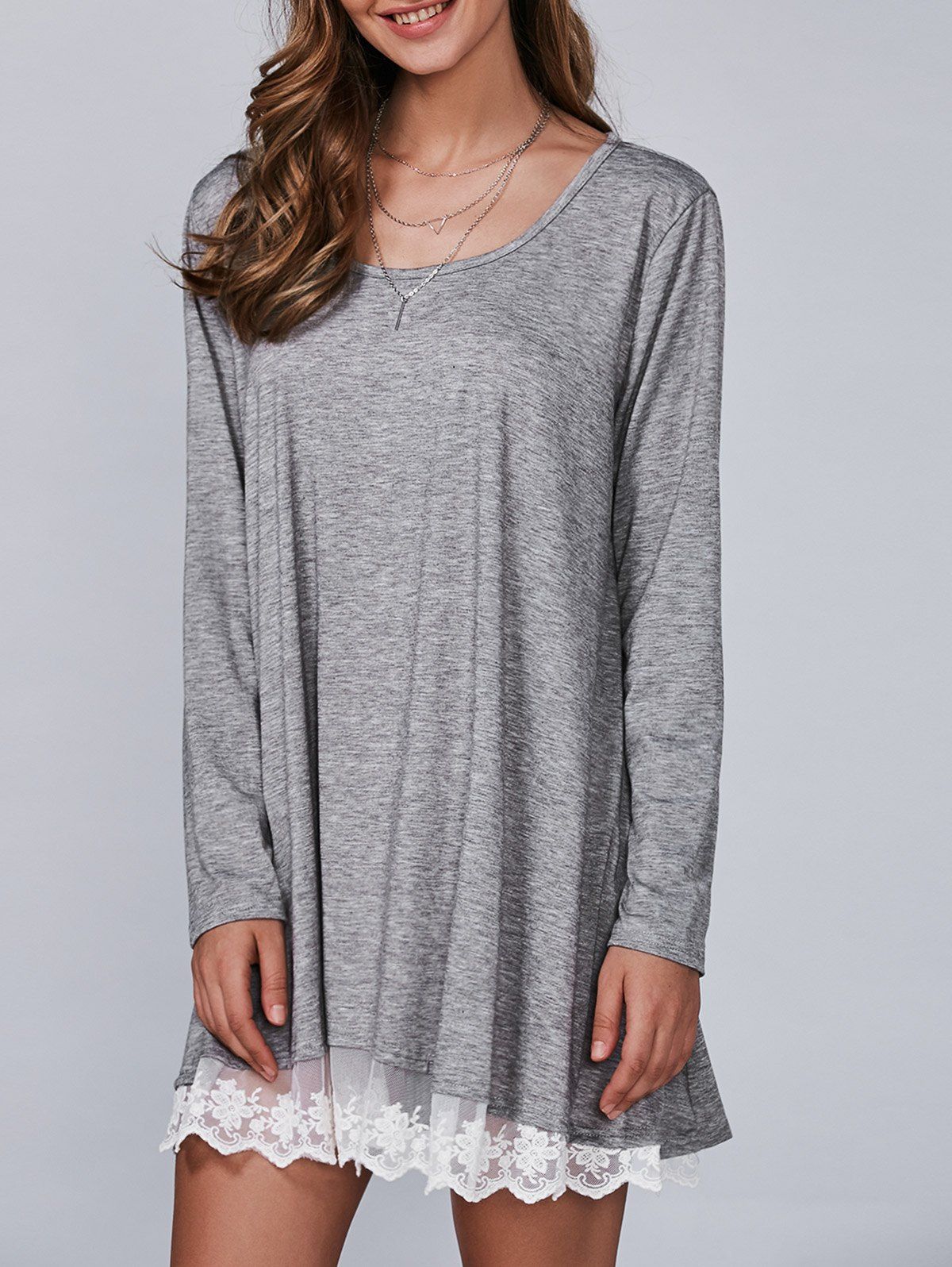 

Casual Lacy Long Sleeve Tee Tunic T Shirt Dress, Gray