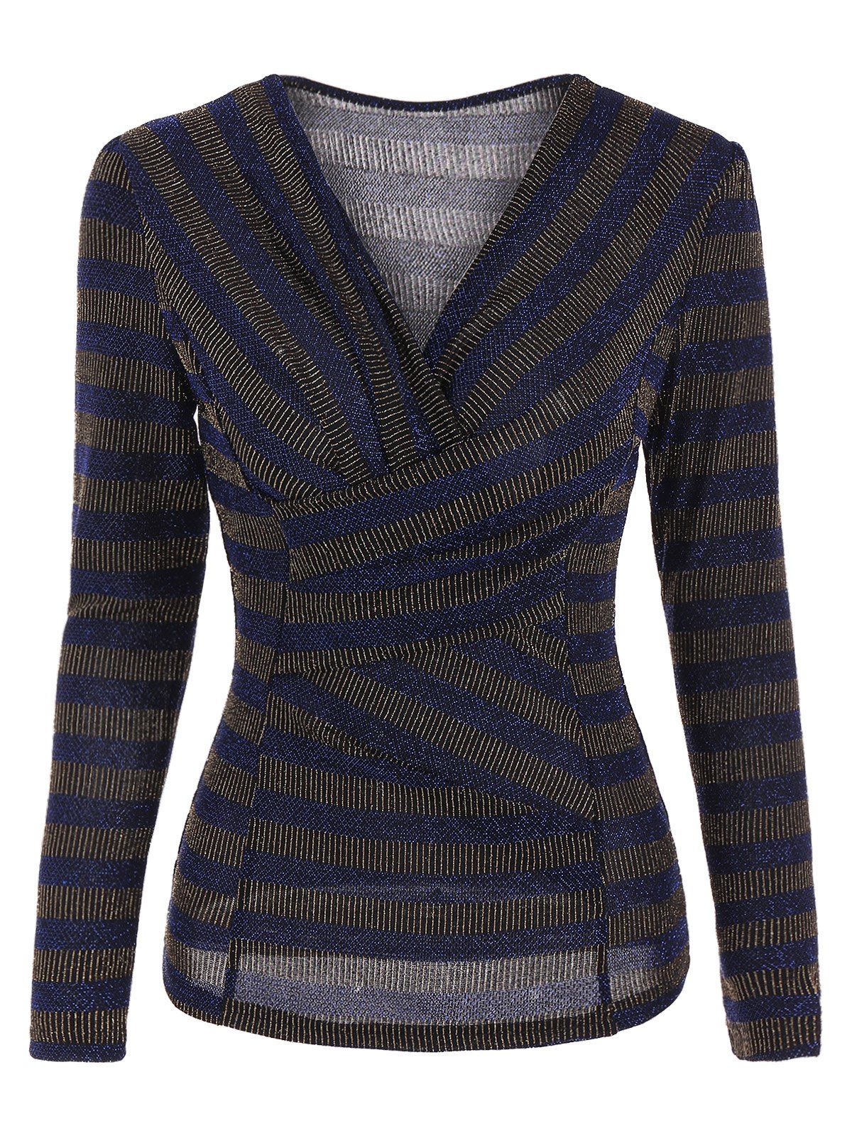 

Stripe Sequined Faux Wrap Long Sleeve Blouse, Deep blue