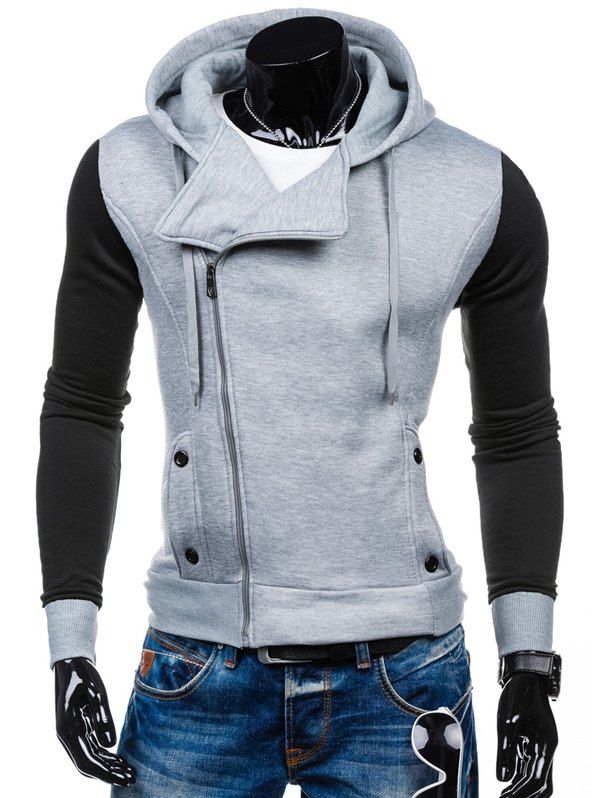 

Side Zipper-Up Color Block Hoodie, Light gray