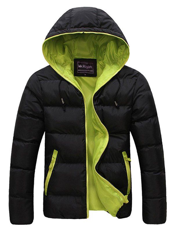 

Contrast Zipper Drawstring Hooded Quilted Jacket, Green
