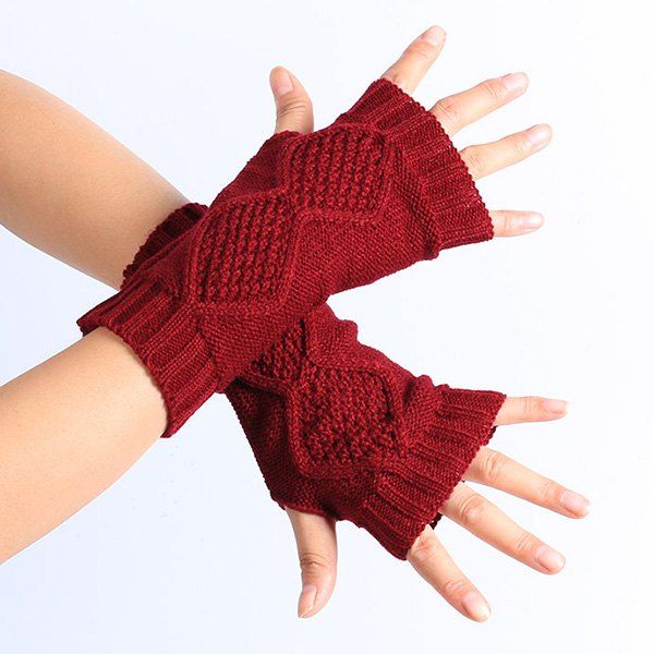 

Winter Rhombus Knit Fingerless Gloves, Wine red