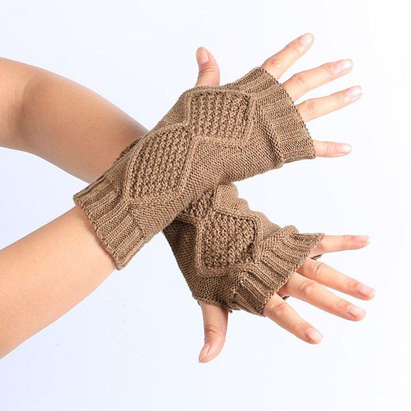 

Winter Rhombus Knit Fingerless Gloves, Khaki