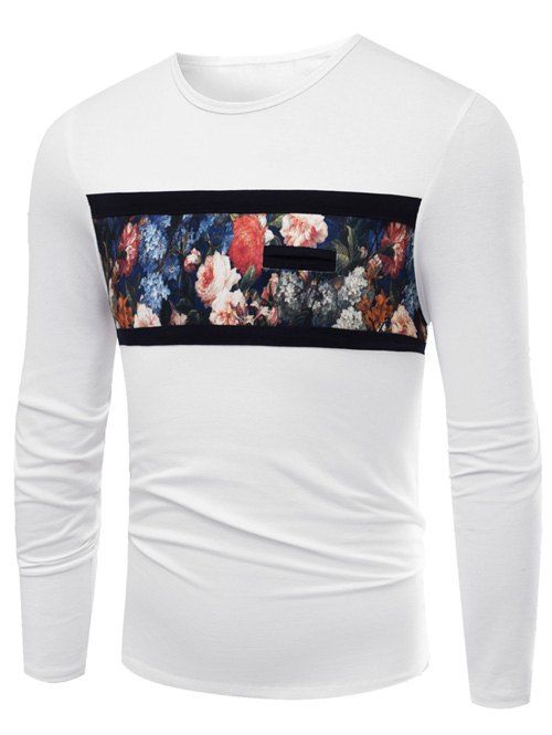 

Round Neck Floral Print Long Sleeve T-Shirt, White