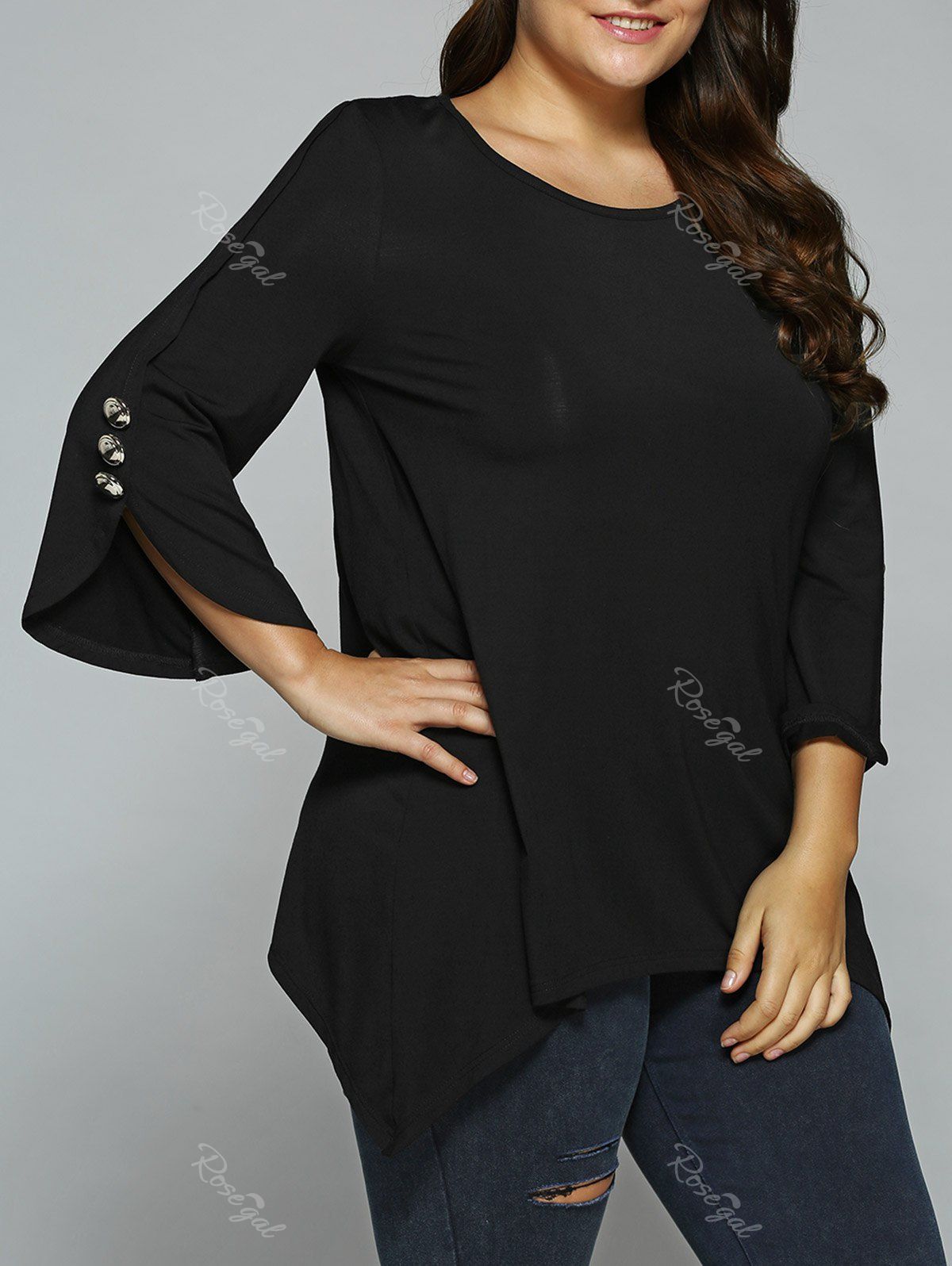 

Button Embellished Sleeve Asymmetrical Blouse, Black
