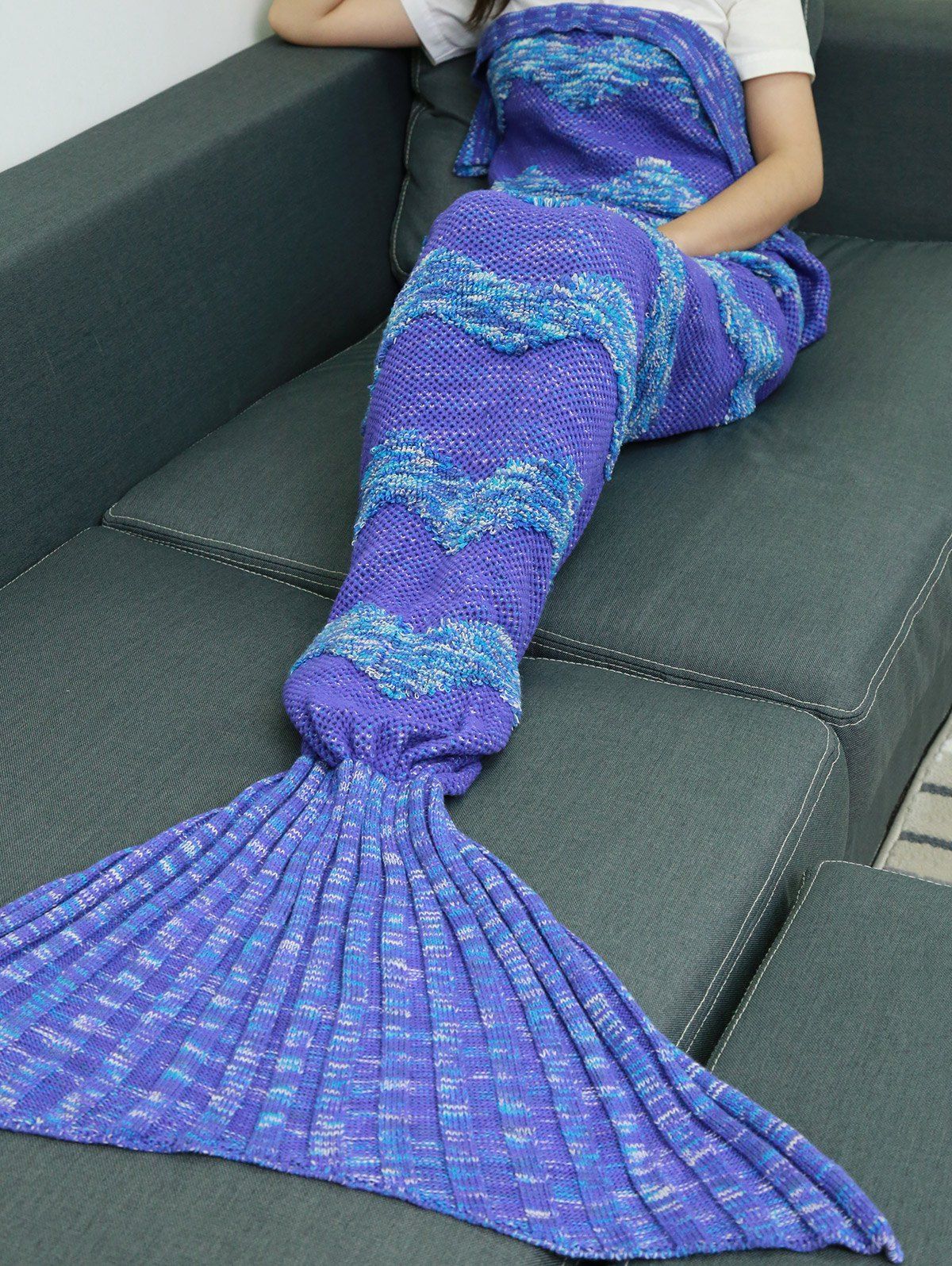 

Waves Stripe Crochet Knitting Fish Scales Design Mermaid Tail Style Blanket, Purple