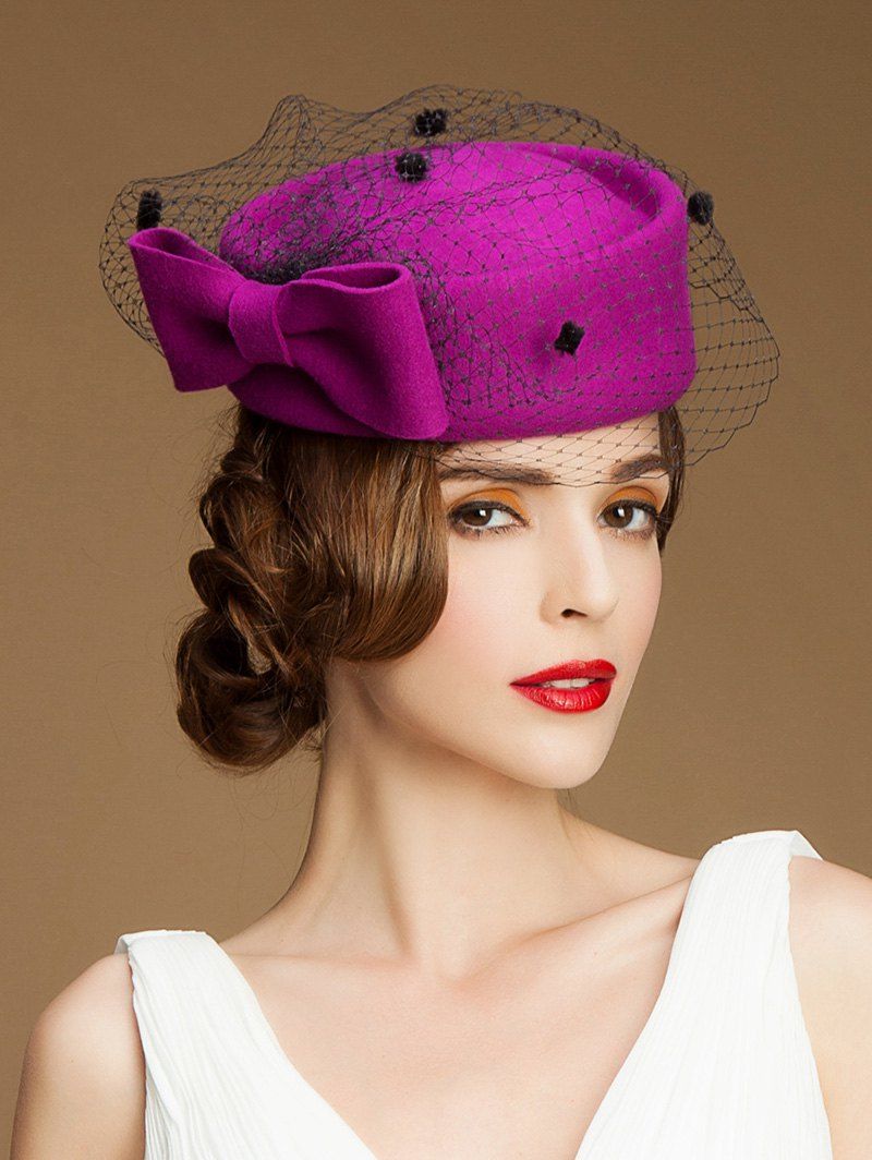 2018 Sororal Party Big Bow Veil Pillbox Hat In Purplish Red