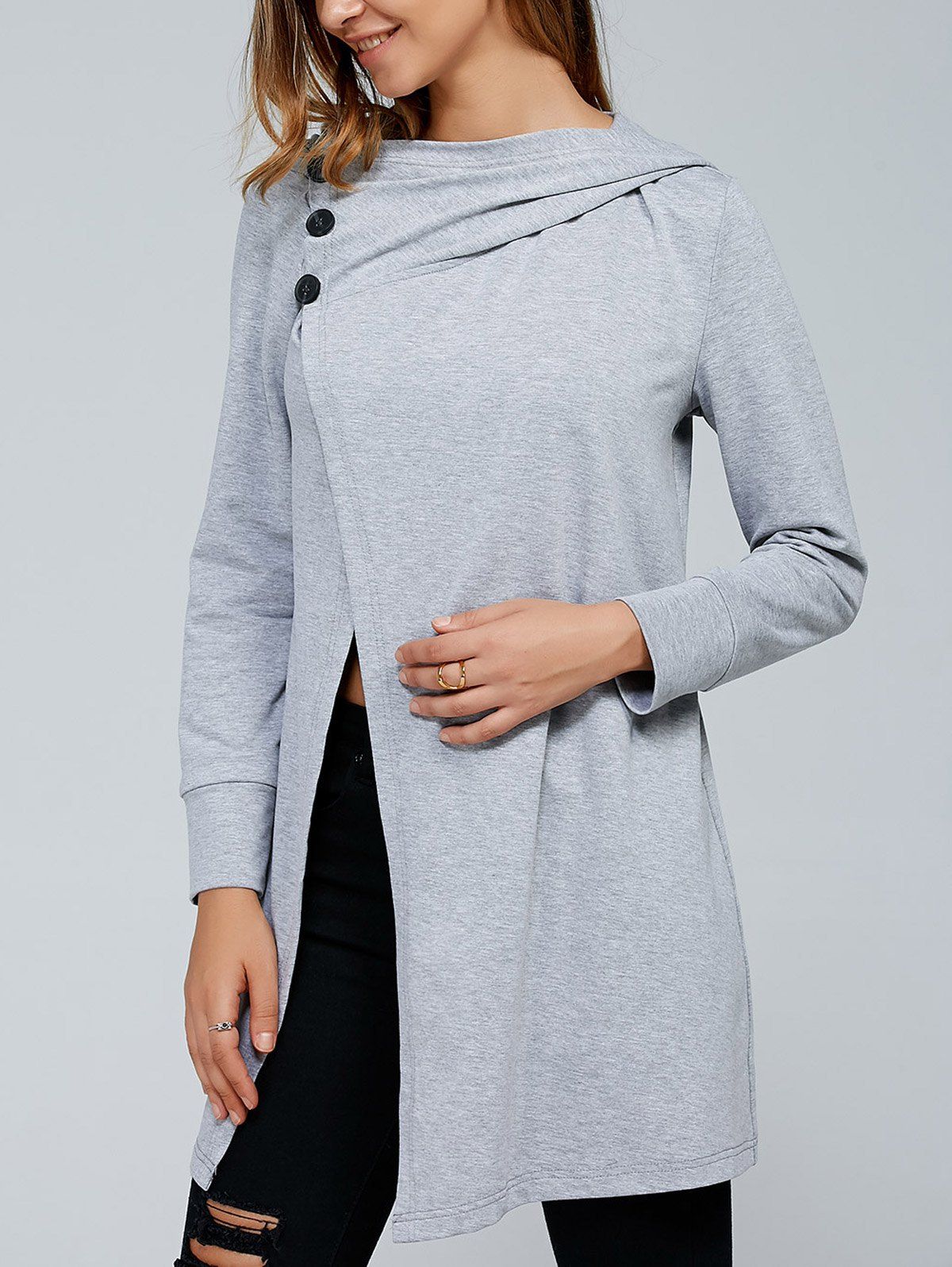 

Inclined Button Front Slit Hoodie, Light gray