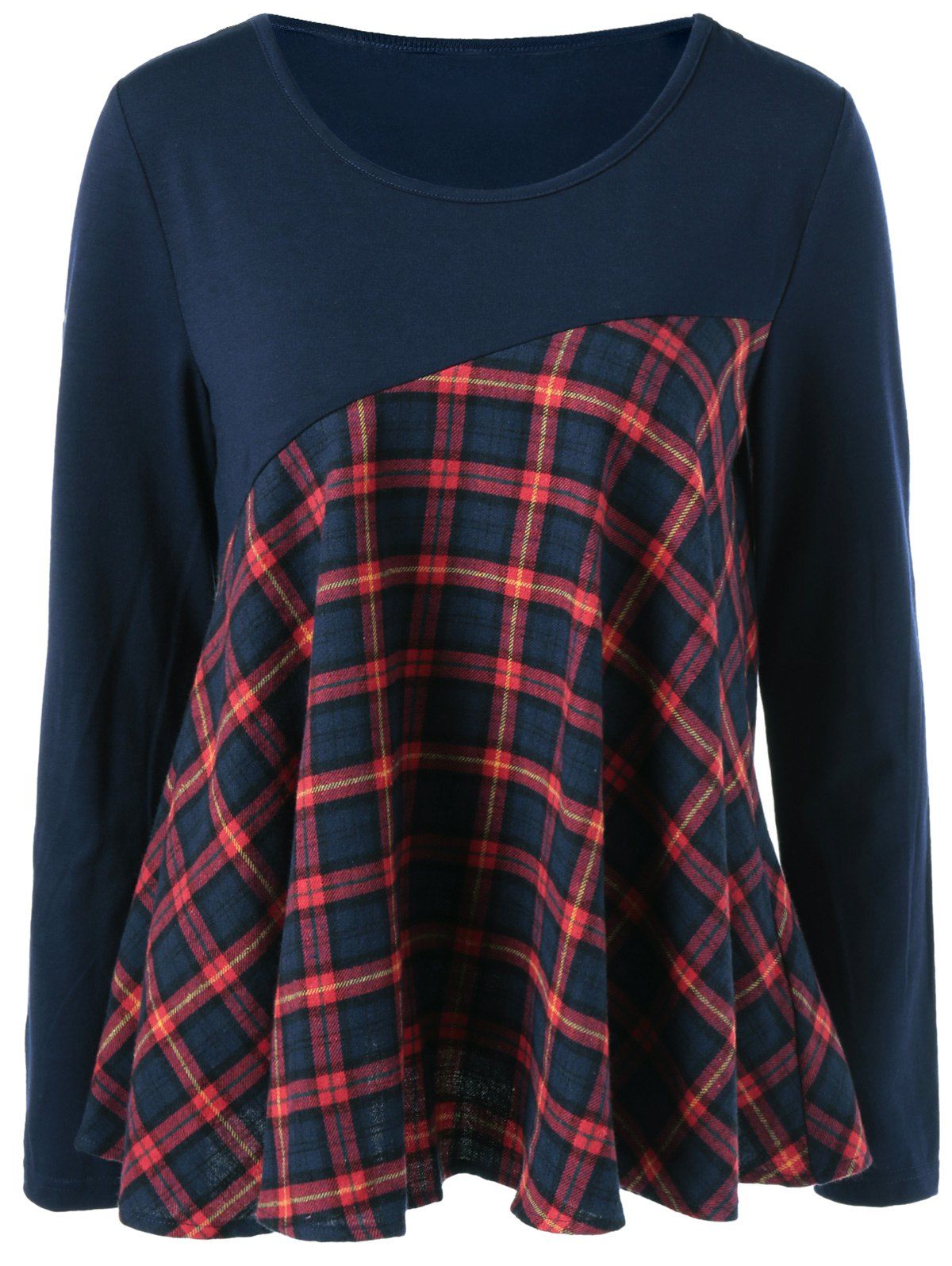 

Plaid Trim Elbow Patch Blouse, Blue and red