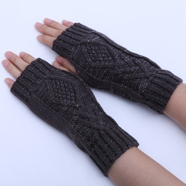 

1 Pair Warm Rhombus Line Crochet Fingerless Gloves, Deep gray