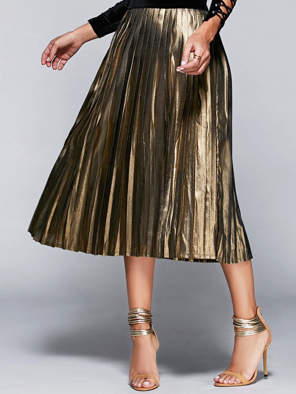 Discount High Waisted Gilding Pleated Midi Skirt  