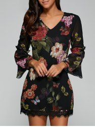 [35% OFF] Bell Sleeves Floral Print Laciness Dress | Rosegal
