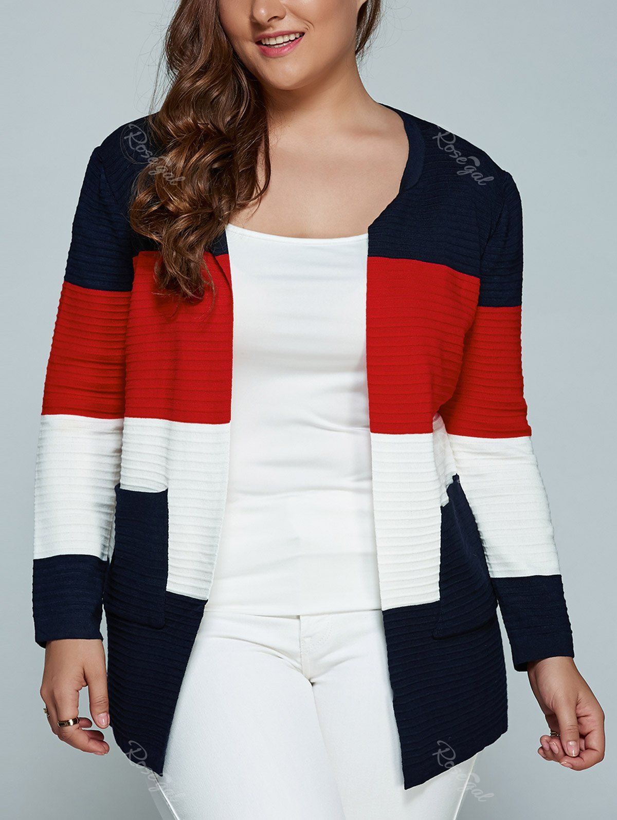 

Color Block Plus Size Cardigan With Pockets, Red